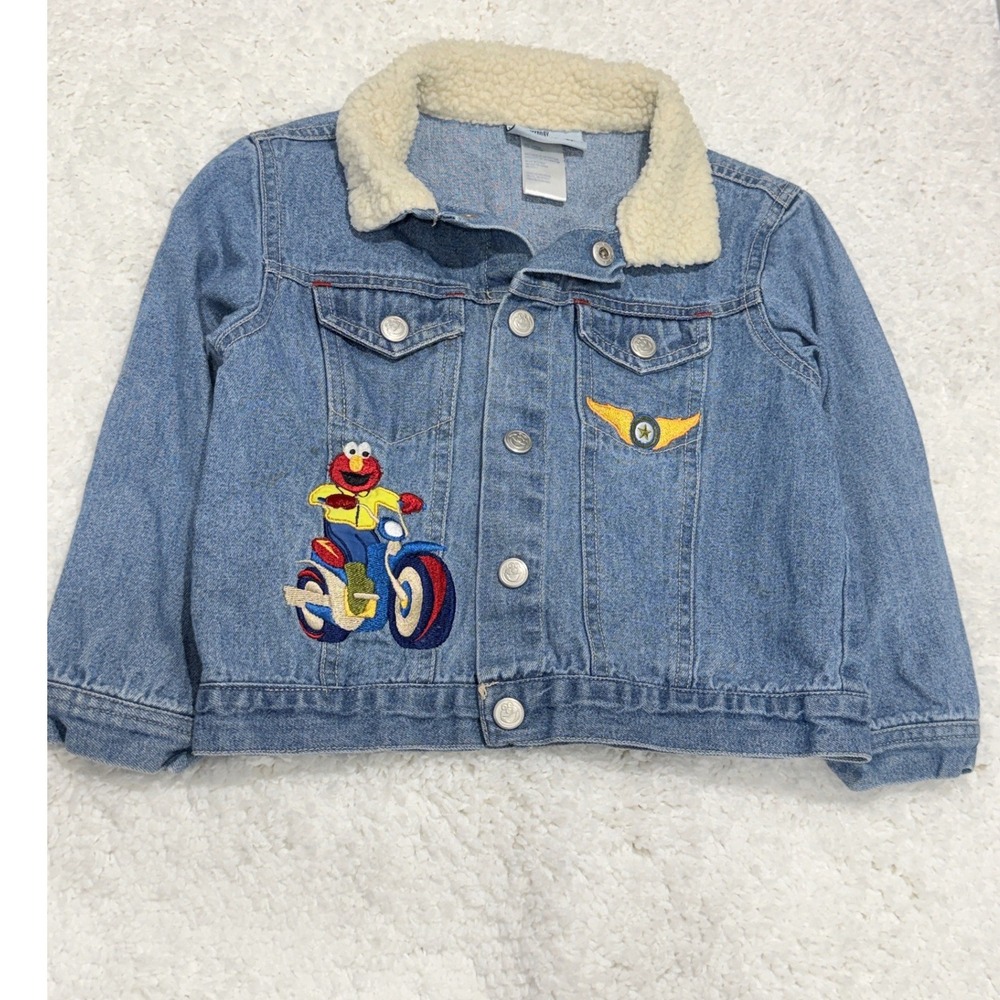 Vtg 2005 Y2K Sesame Street Elmo Denim sherpa Jacket Boys sz 4T Trucker